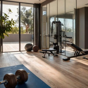 Moderne und stilvoller Fitnessraum. Im Vordergrund sehen wir eine Kurzhantel auf eine Yogamatte. Im Hintergrund befindet sich eine Hantelbank und ein Fitnessgerät vor einem Spiegel. Hier wurde ein Home-gym eingerichtet