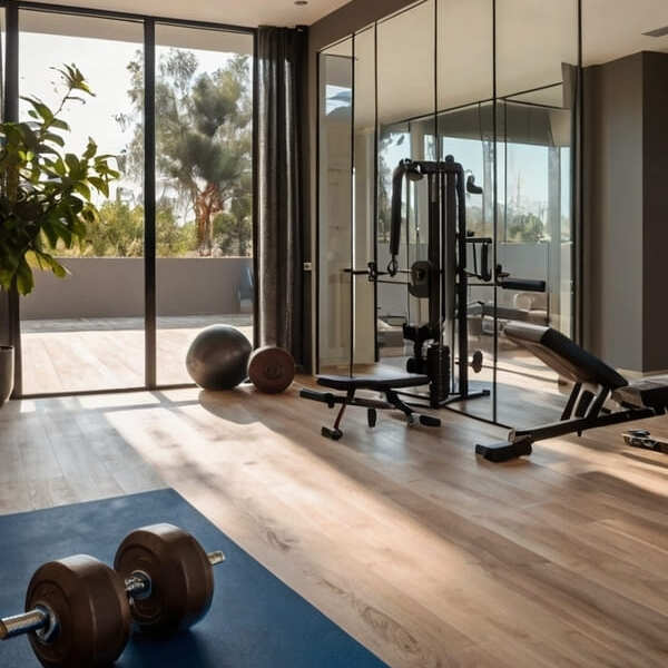 Moderne und stilvoller Fitnessraum. Im Vordergrund sehen wir eine Kurzhantel auf eine Yogamatte. Im Hintergrund befindet sich eine Hantelbank und ein Fitnessgerät vor einem Spiegel. Hier wurde ein Home-gym eingerichtet